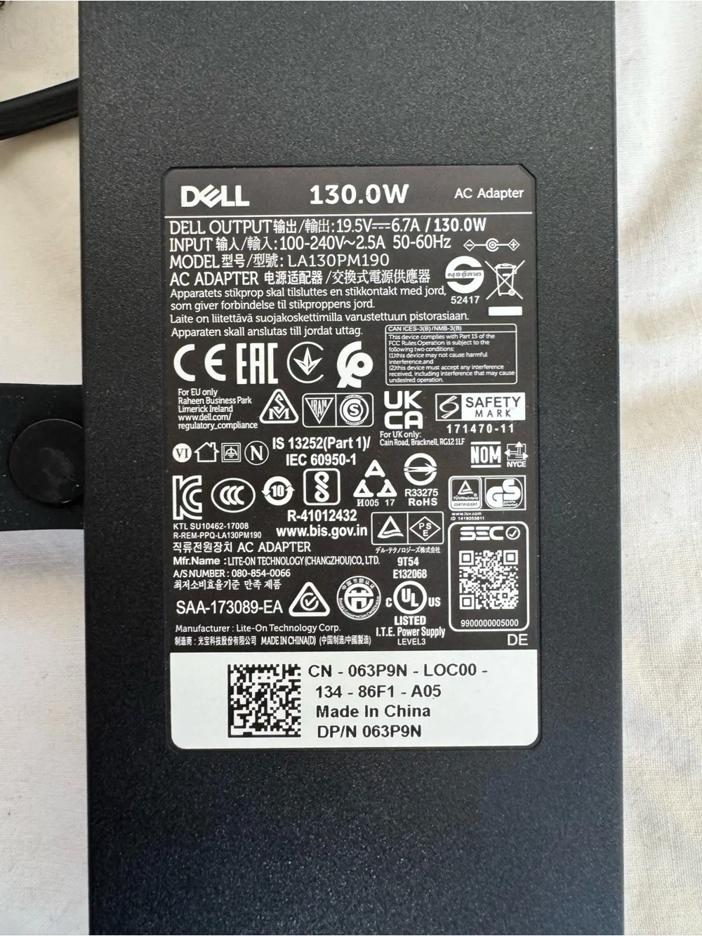 Dell 130W Laptop Dock Power Adapter Charger 7.4mm LA130PM190